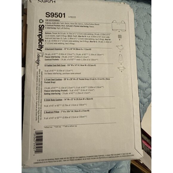 Simplicity Sewing Pattern S9501 Car Backseat Organizer Padded Seat Belt Cover UC - Picture 2 of 2